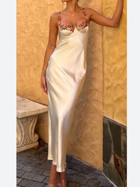 Selfie Leslie Ivory Satin Midi Dress with Pink & Green Floral Trim